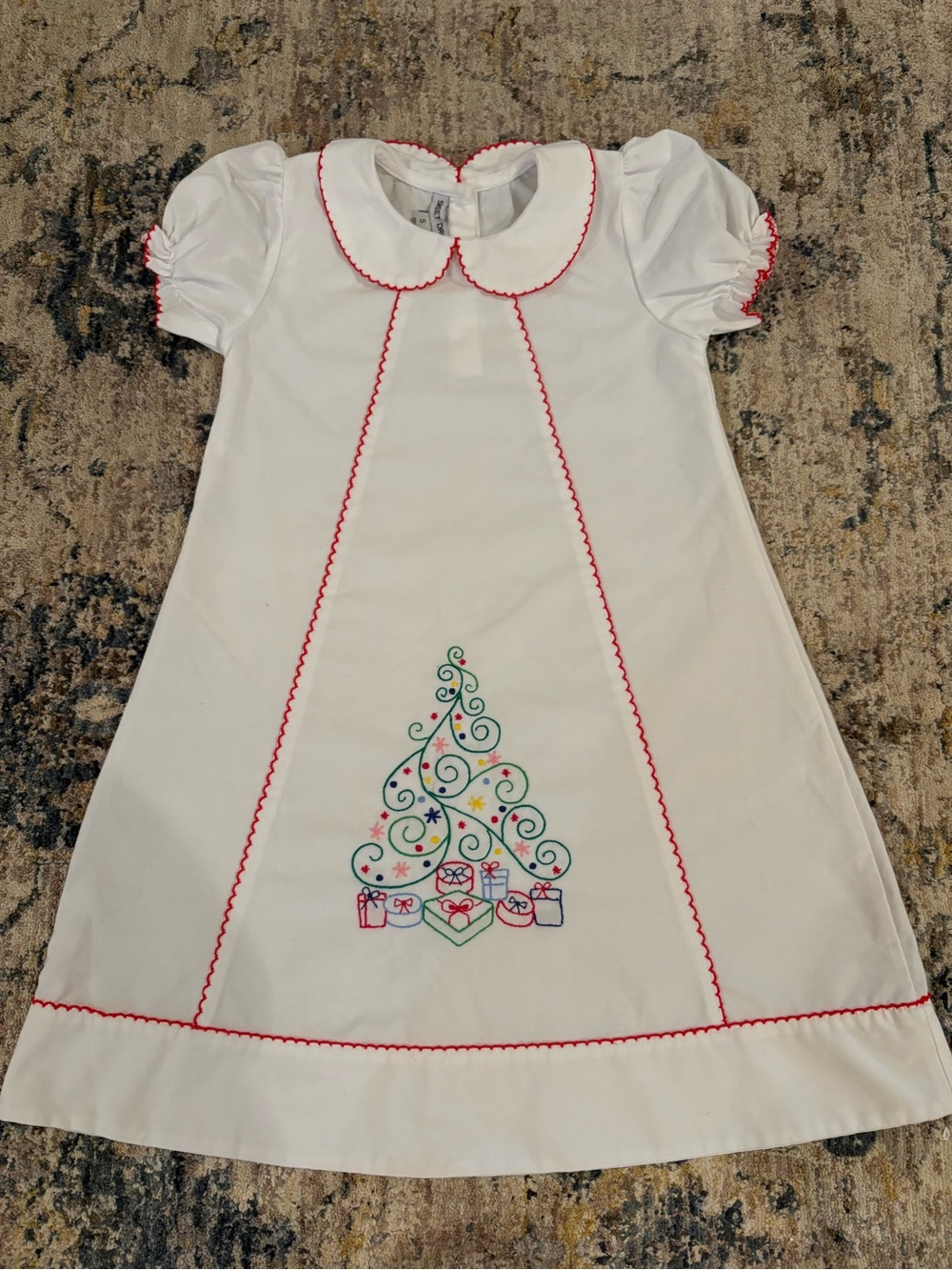Sweet Dreams White Christmas Tree Embroidered Dress Peter Pan Collar Size 5